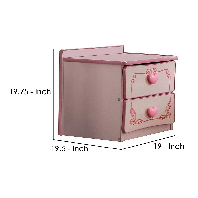 2 Drawer Wooden Nightstand with Heart Knob Pulls， Pink