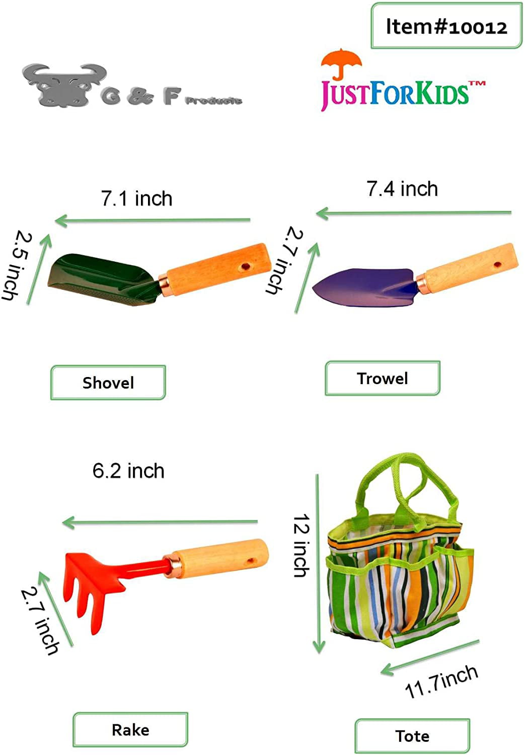 G & F 10012 JustForKids Kids Garden Tools Set - with Canvas Tote Hand, Rake, Shovel & Trowel