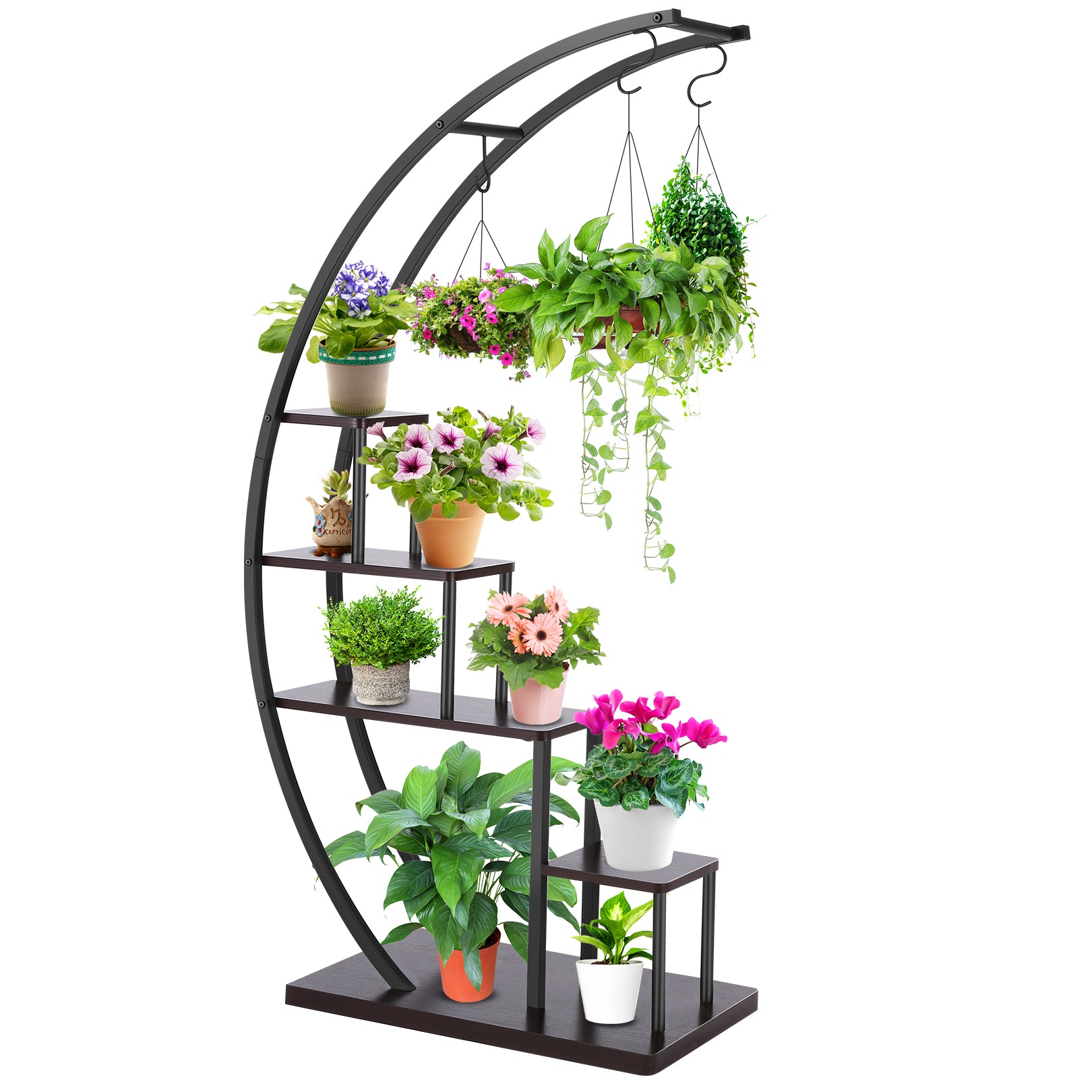 SEJOV 5 Tier Plant Stand for Indoor Plants, Half Moon Shape Plant Shelf with Hanging Hook, Multiple Planter Display for Home Decor, Living Room, Balcony, and Bedroom