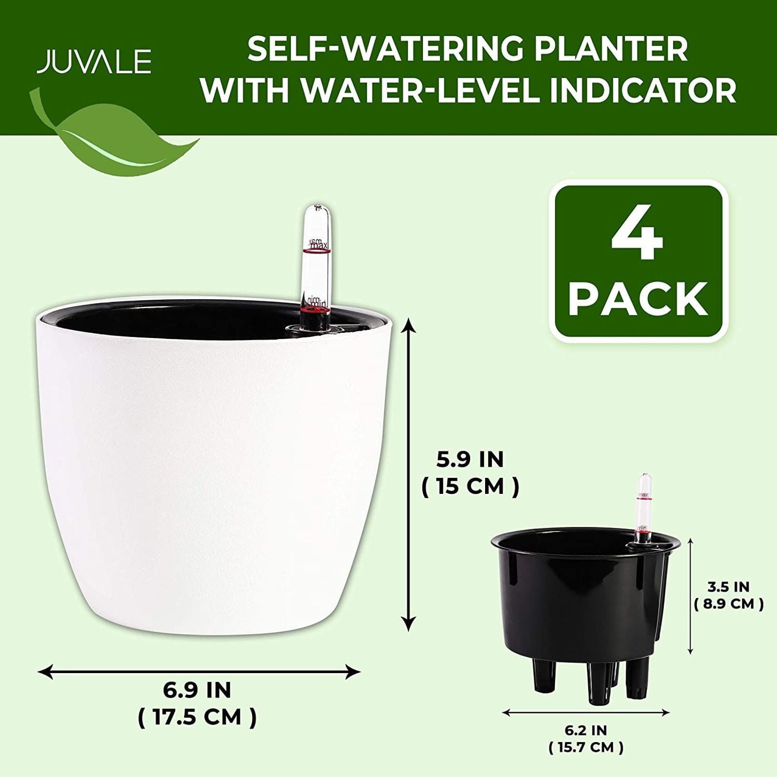 4 Pack Round Self Watering Pot Planter with Water Level Indicator for Indoor Plants and Outdoor Garden and Patio, White, 6.9 x 5.9 in.