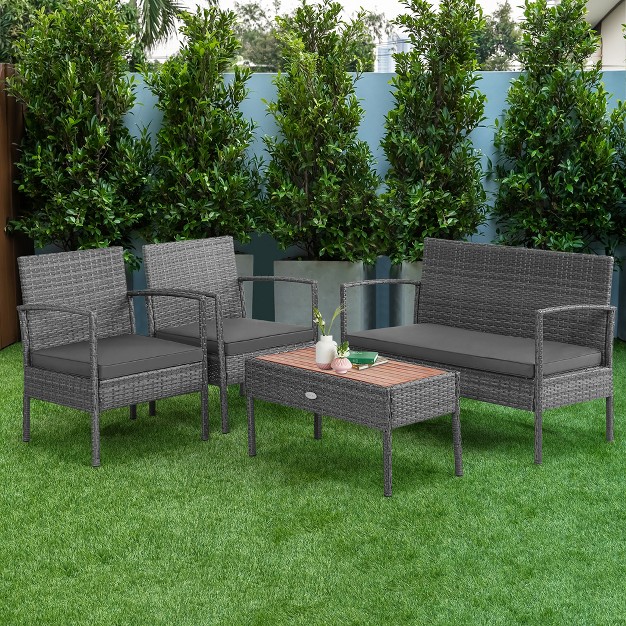 Costway 4pcs Patio Rattan Furniture Set Cushioned Chair Wooden Tabletop Gray