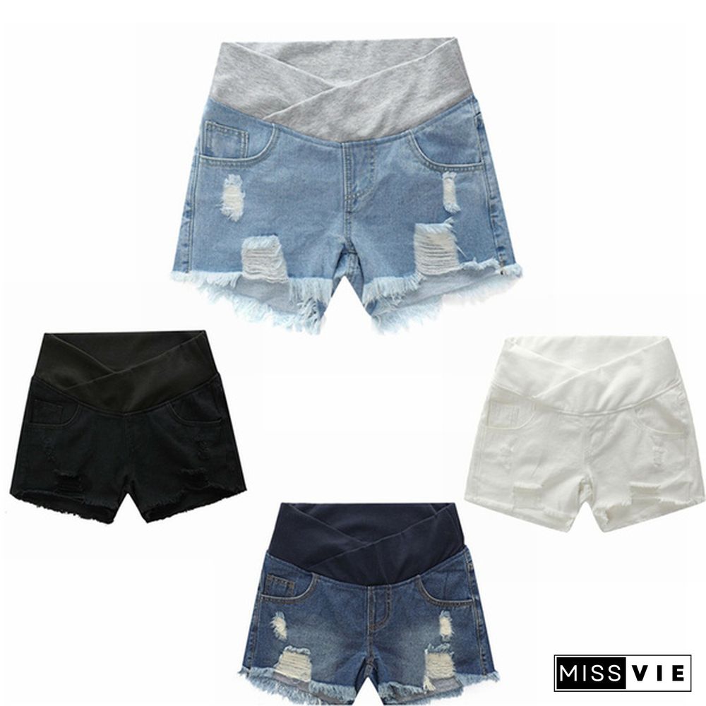 Pregnancy Women's Ripped Denim Shorts Summer Maternity Shorts Pregnant Loose Belly Elastic Jeans