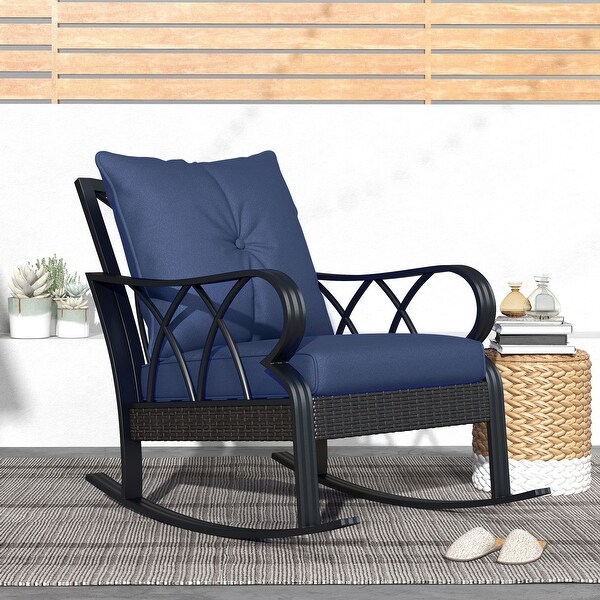 Outsunny Outdoor Wicker Rocking Chair with Padded Cushions，Aluminum Furniture，Rattan Porch Rocker Chair w/ Armrest for Garden