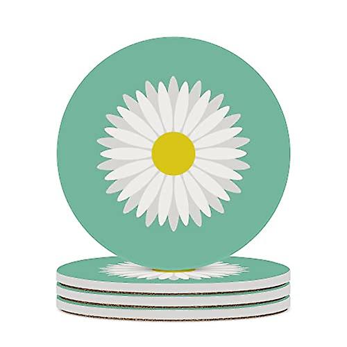 Round Drink Coasters 4 Pcs White Daisy Flower Absorbent Ceramic Coaster With Cork Base For Coffee Cups Housewarming Gift For Home Decor