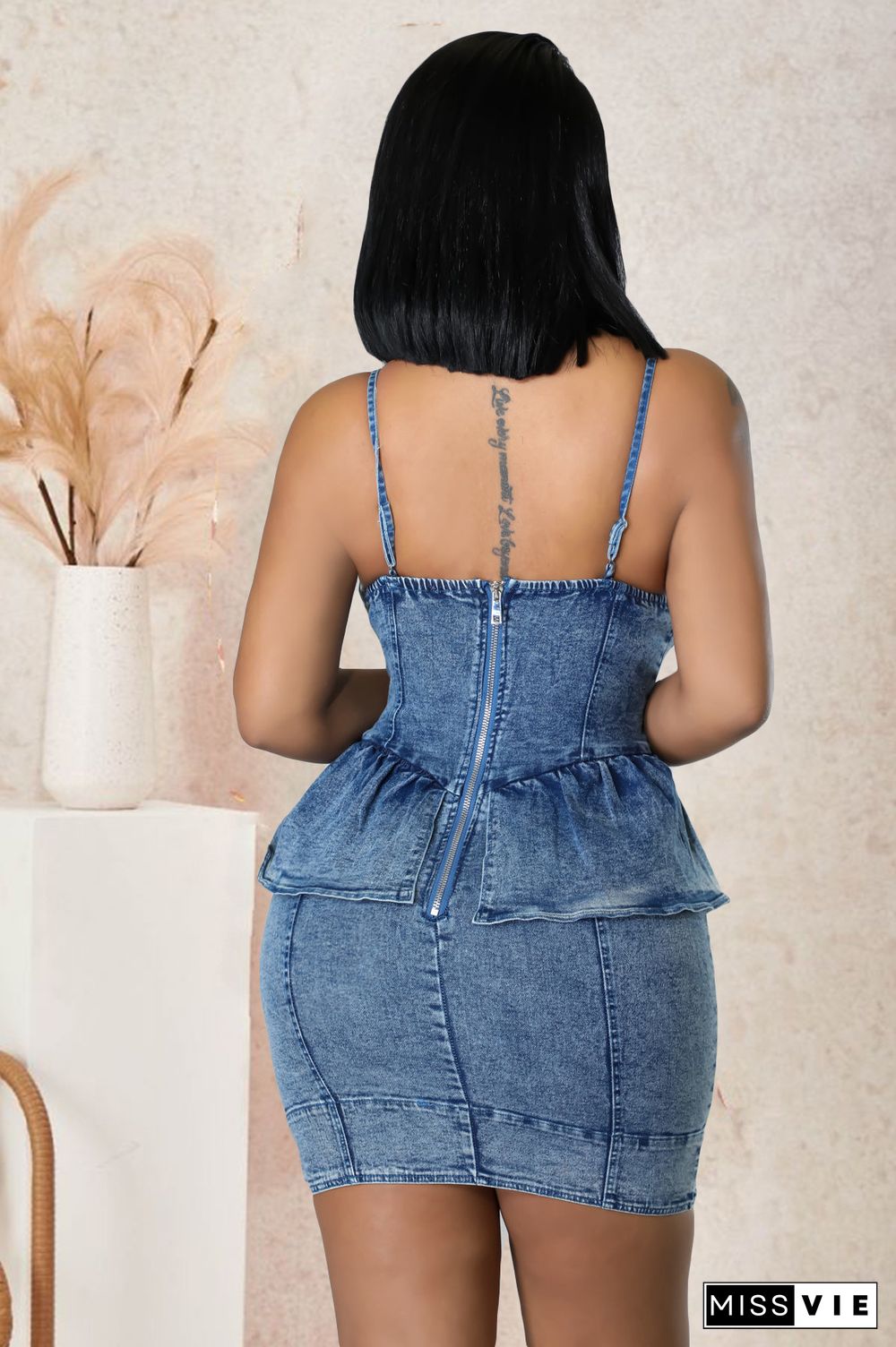 Ruffles Sexy Backless Bodycon Short Denim Dress