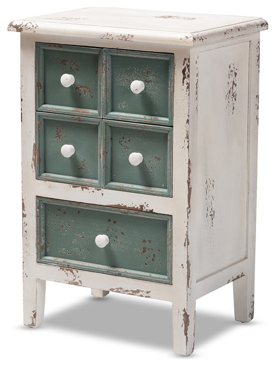 Baxton Studio Angeline Farmhouse 5 Drawer Wood End Table in White and Teal   Farmhouse   Accent Chests And Cabinets   by HedgeApple  Houzz