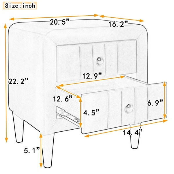 Modern Upholstered Wooden Nightstand with 2 Drawers， Velvet Bedside End Table with Knobs， Green - - 37970234