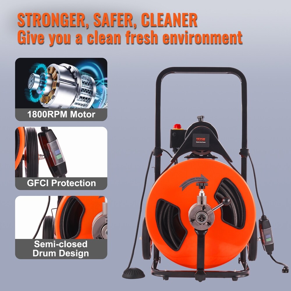 VEVOR 1800rpm Drain Cleaning Machine Sewer Auger Auto Feed with 4 Cutter Air activated Foot Switch for 1\