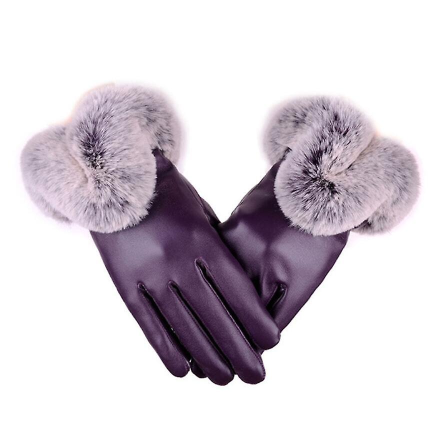 Women Winter Gloves Faux Rabbit PU Leather Touch Screen Mittens Lady Female Outdoor Driving Warm Gloves