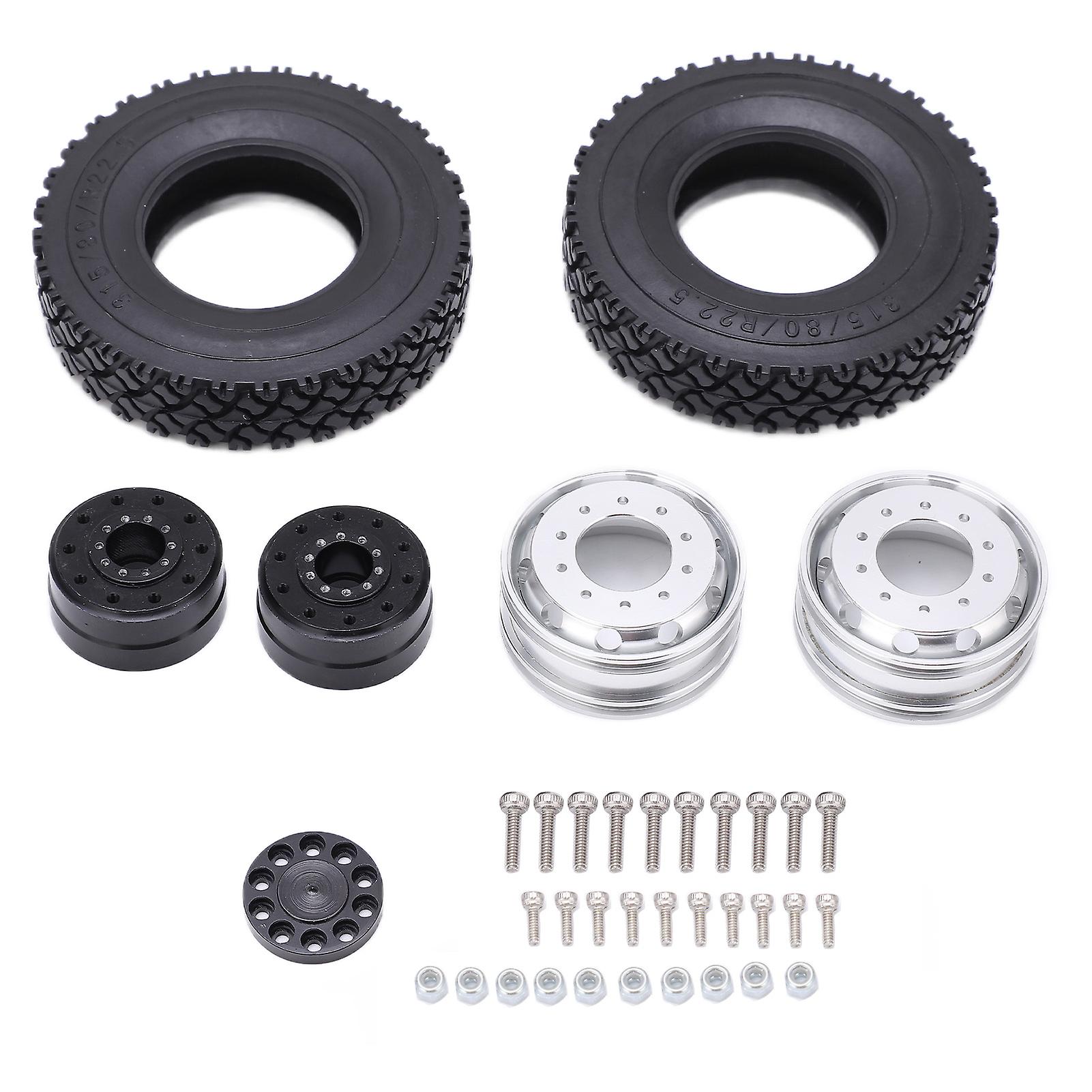 2pcs Metal Alloy Front Hub With Rubber Tires For Tamiya 1/14 Rc Trailer Tractor Truck Carblack