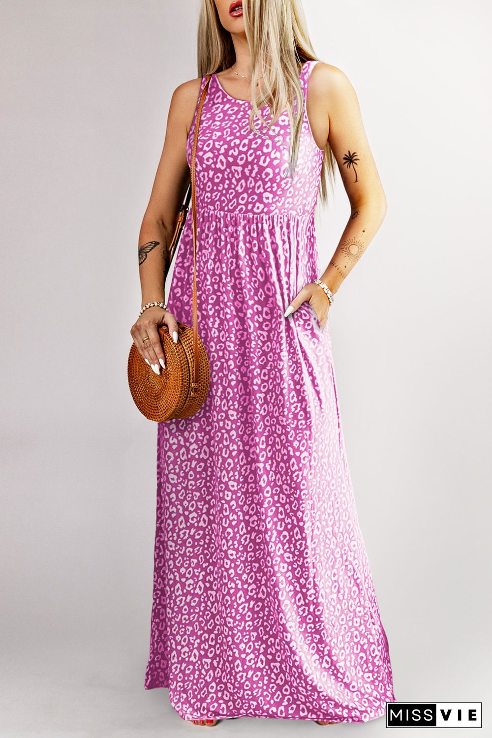 Rose Leopard Print Pocketed Sleeveless Maxi Dress