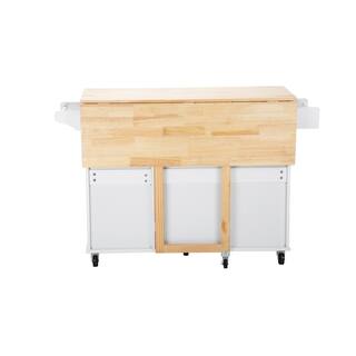 Tileon White Kitchen Island with Extensible Solid Wood Table Top 3-Drawer Spice Rack Towel Rack and Adjustable Shelves AYBSZHD1207