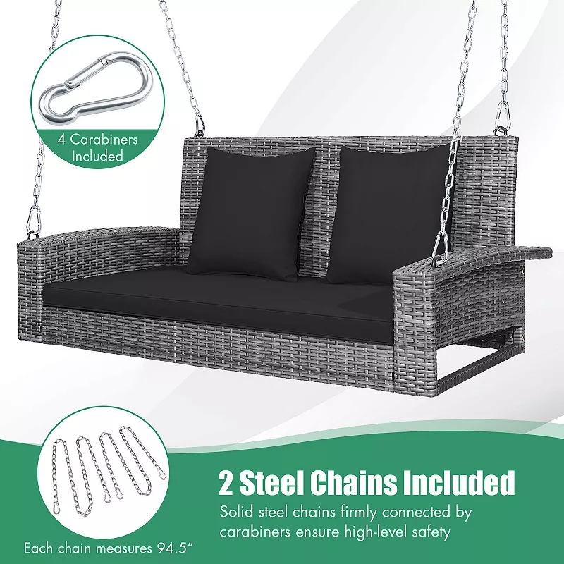 2-Person Patio PE Wicker Hanging Porch Swing Bench Chair Cushion 800 Pounds