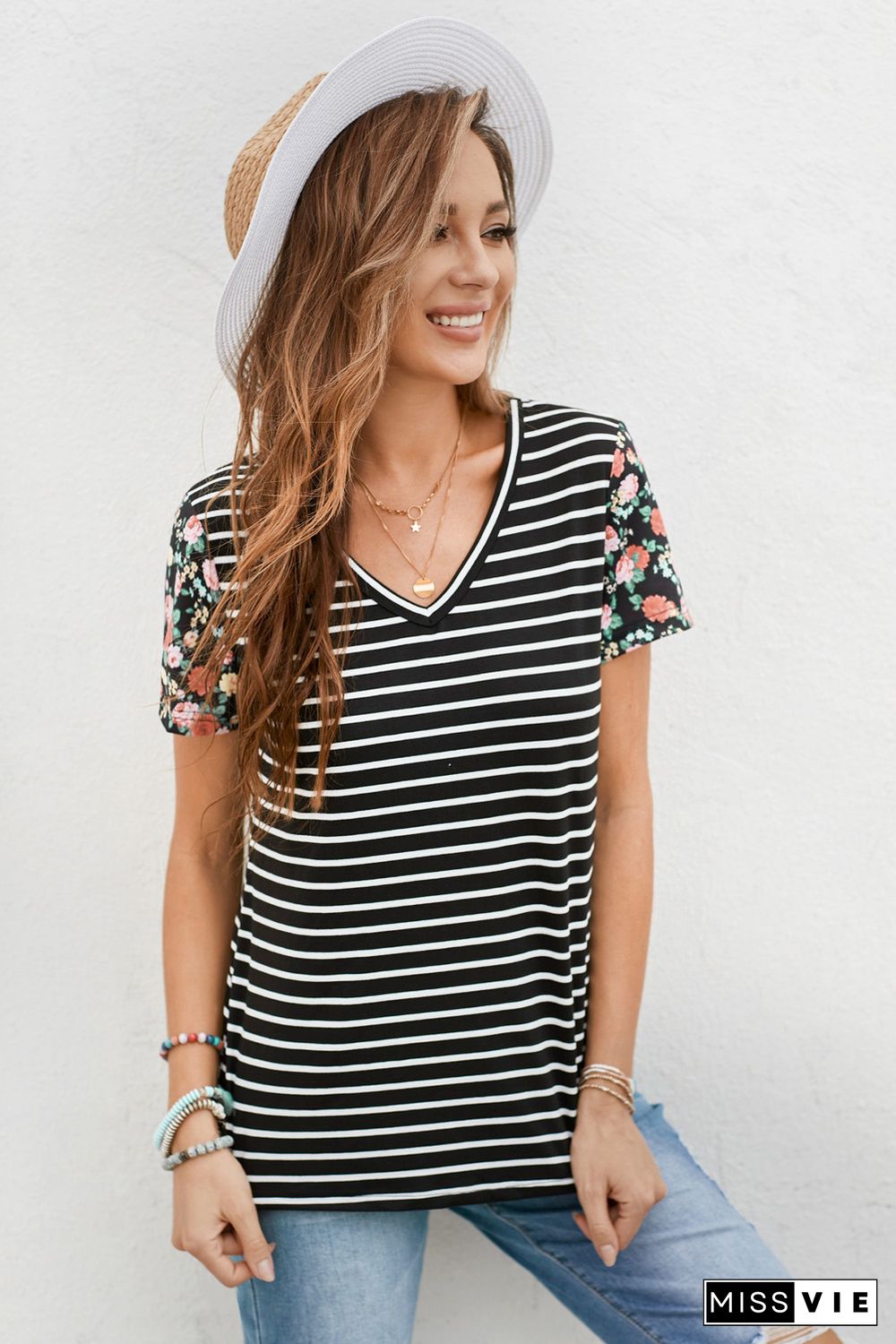 Floral Sleeves Striped T-shirt