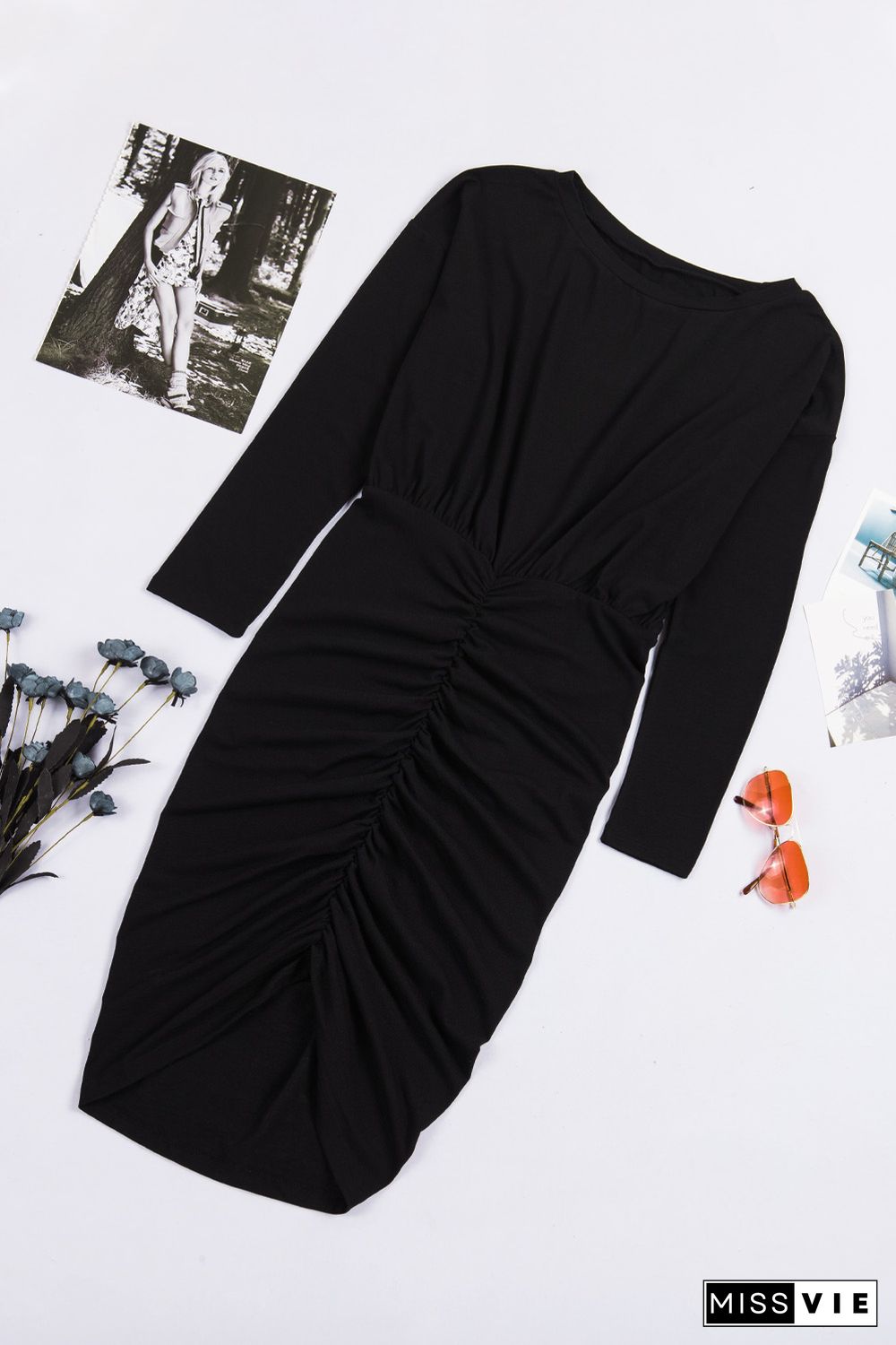 Black Crewneck Long Sleeve Shirred Split Bodycon Dress