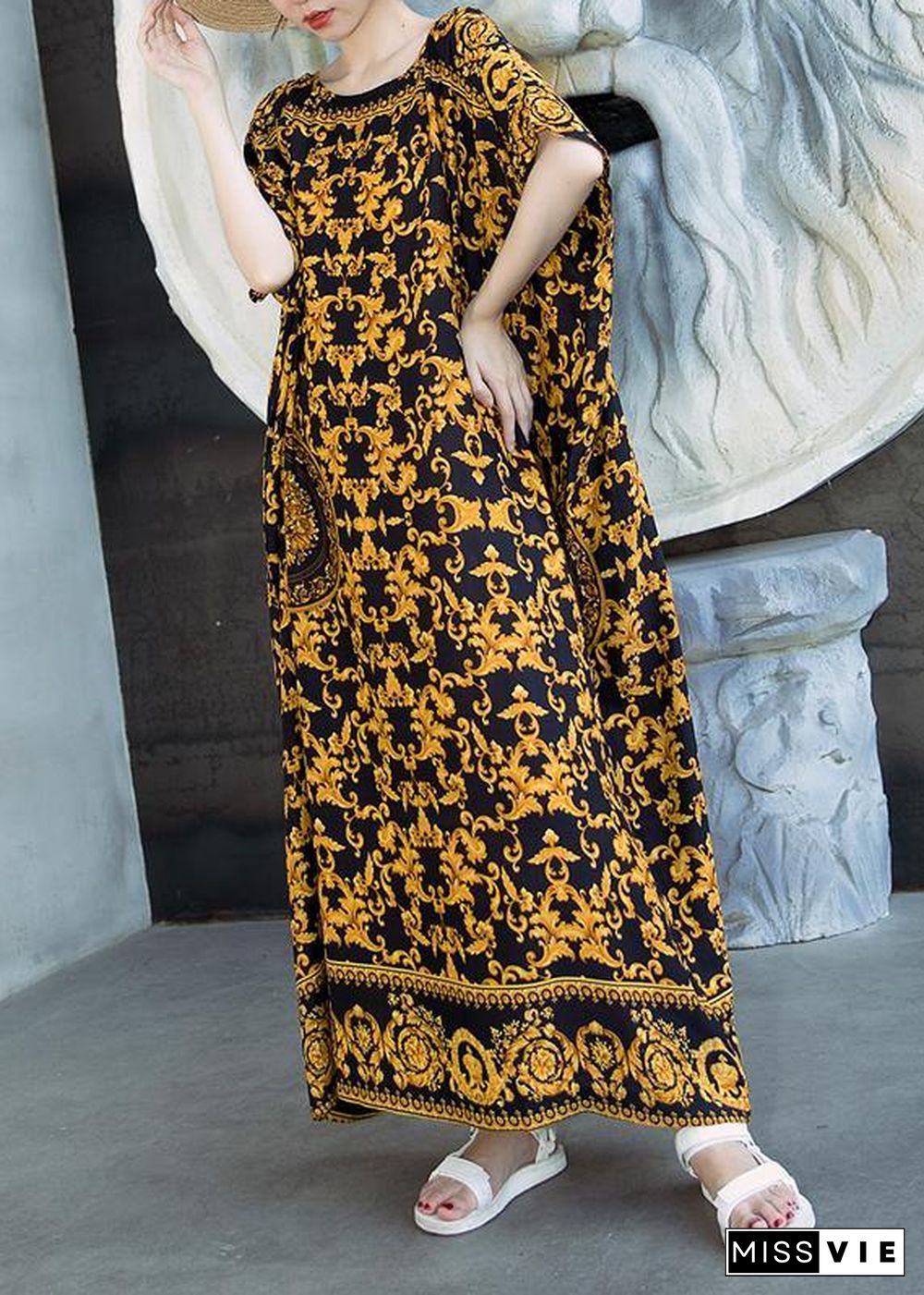 Retro Caftans Yellow Print Long Dresses