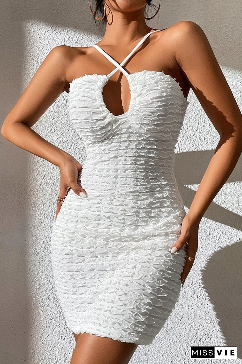 White Pleated Backless Halter Bodycon Dress