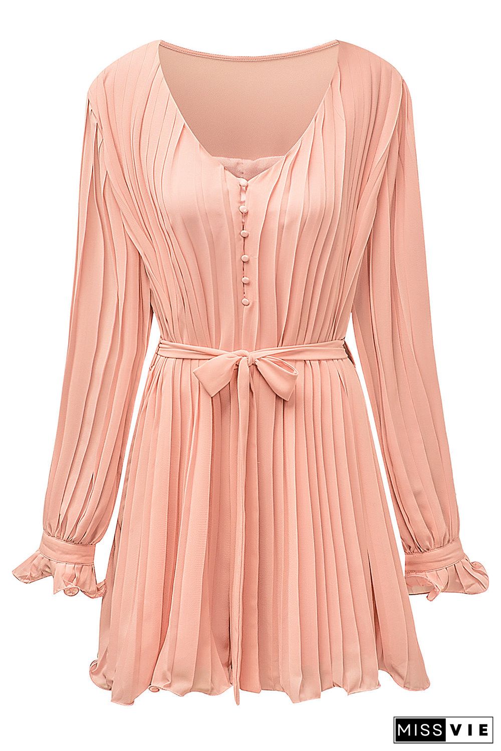 Pleated Ruffled Tie Waist Buttons V Neck Romper