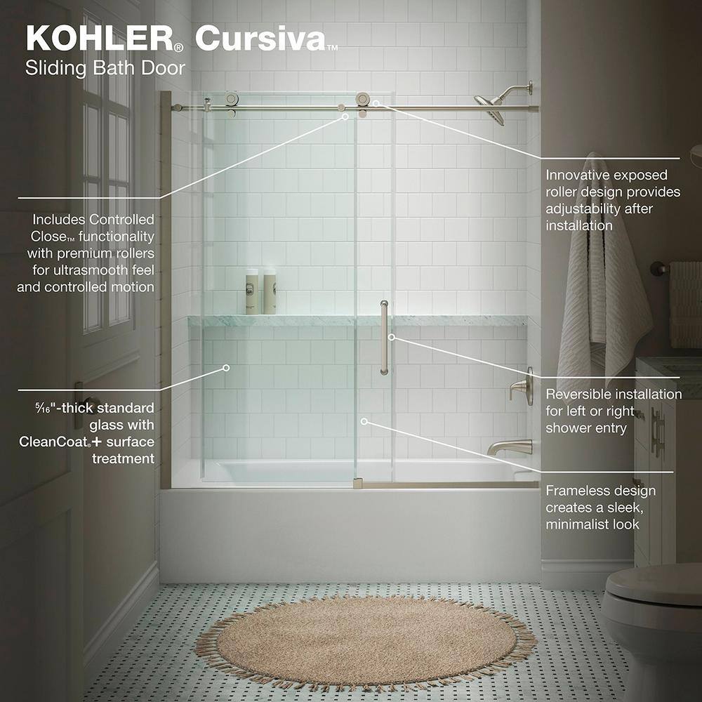 KOHLER Cursiva 59.875 in. W x 62 in. H Sliding Frameless Bath Tub Door in Anodized Brushed Nickel K-707626-8L-BNK