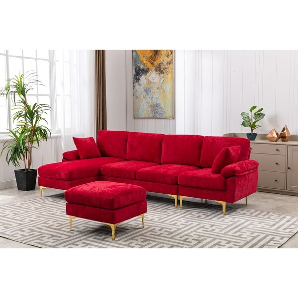 4-pieces European Style Polyester Sectional Sofa with Iron Feet， Removable Cushions， Ottoman Included