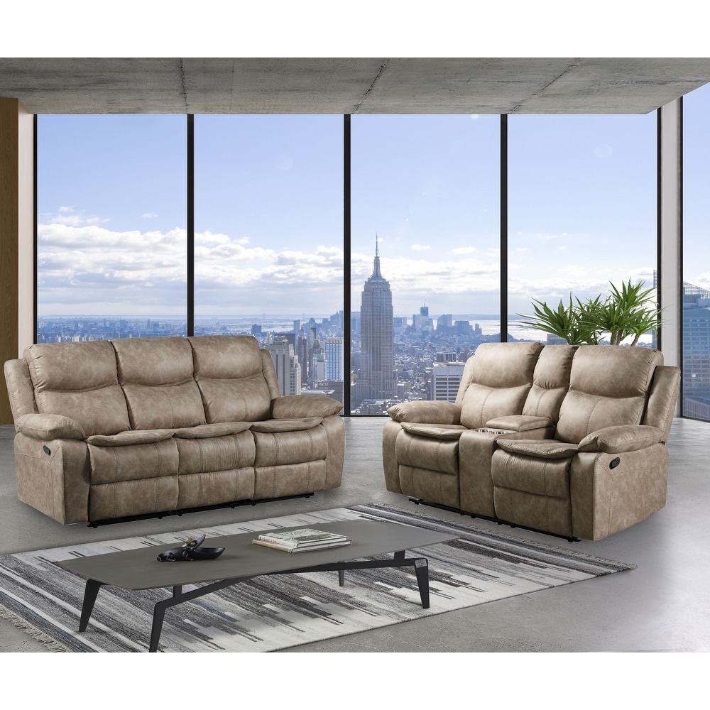 Roundhill Furniture Ensley Faux Leather Reclining Sofa and Loveseat in Sand Finish