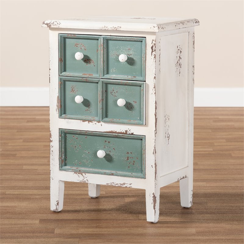 Baxton Studio Angeline Farmhouse 5 Drawer Wood End Table in White and Teal   Farmhouse   Accent Chests And Cabinets   by HedgeApple  Houzz