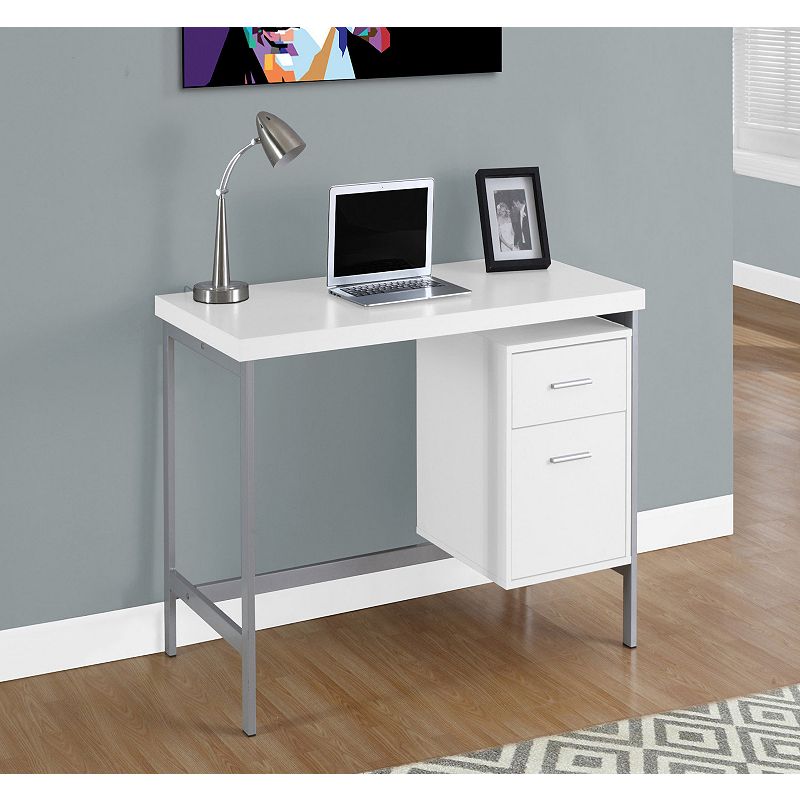 47.25 White and Silver Contemporary Rectangular Computer Desk with Drawers