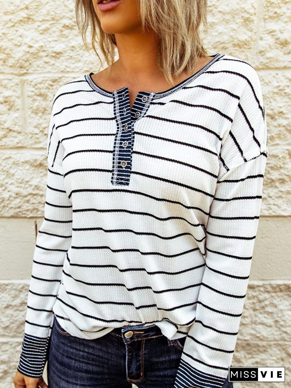 White Round Neck Stripes Cotton-Blend Casual Sweatshirt