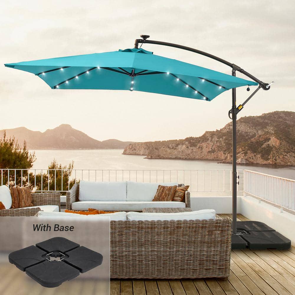 JOYESERY 82 ft Square Solar LED Cantilever Patio Umbrellas With Base in Lake Blue