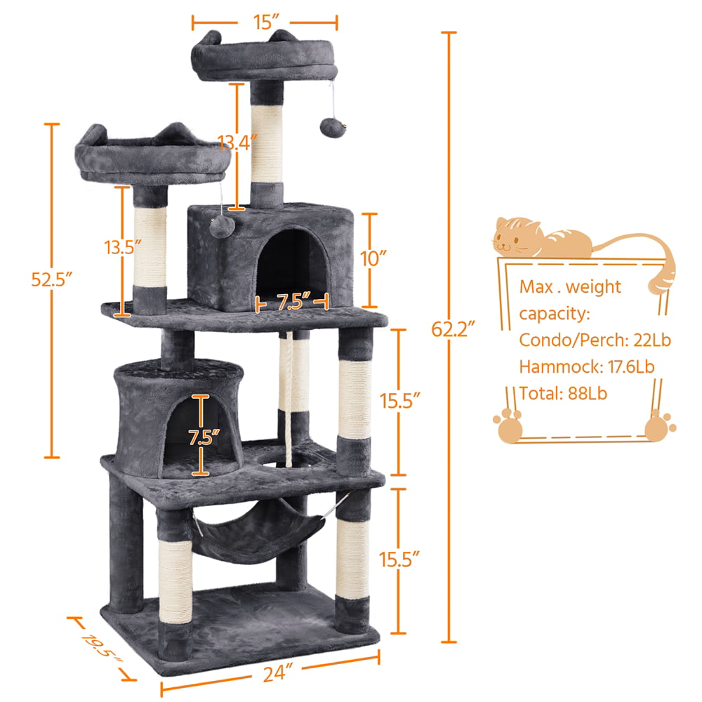 SMILE MART 62.2" Double Condo Cat Tree and Scratching Post Tower, Dark Gray