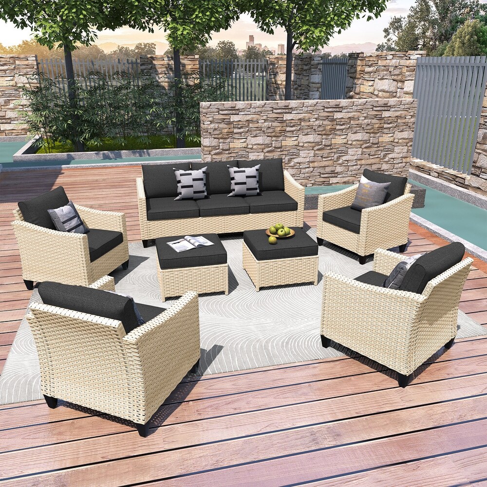 HOOOWOOO Outdoor Patio Furniture 7 piece Rattan Curved Backrest Seating Set