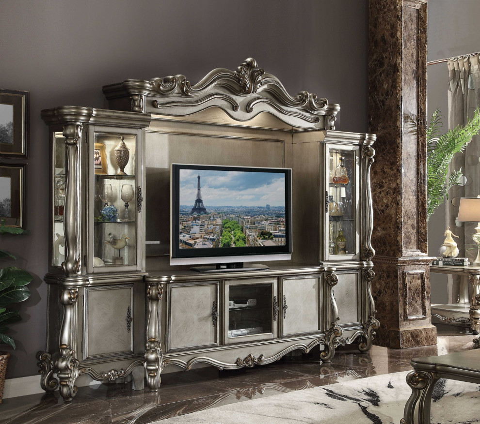 HomeRoots 21 quotX 74 quotX 31 quotAntique Platinum Wood Poly Resin Glass TV Console   Victorian   Entertainment Centers And Tv Stands   by UStradeENT LLC  Houzz