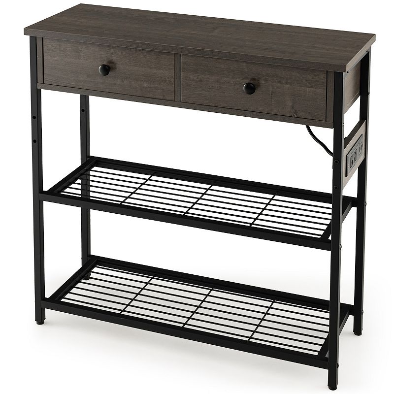 Narrow Console Table With 2 Drawers And 2 Metal Mesh Shelves