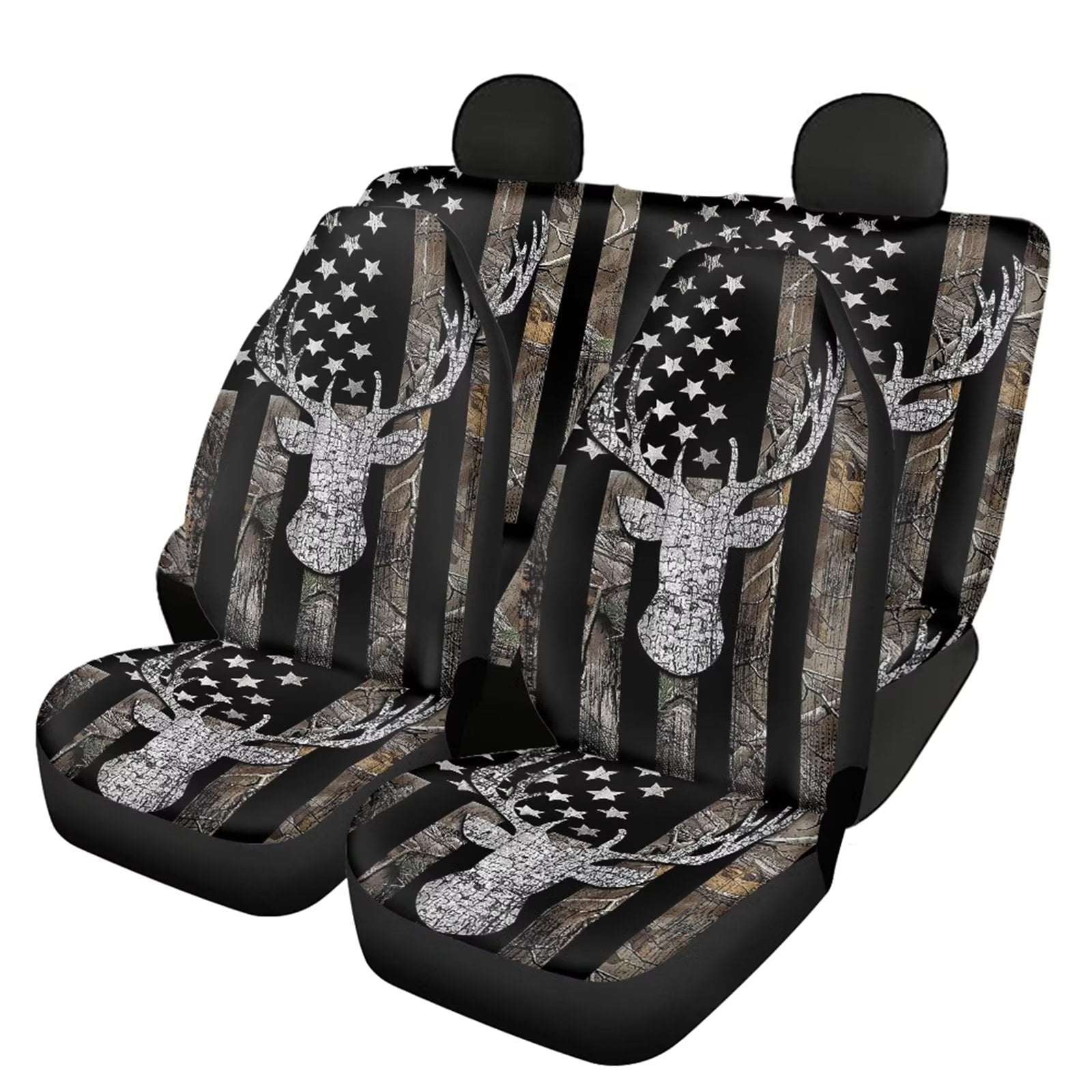 FKELYI Soft Breathable Car Seat Covers Kit，American Flag and Camo Hunting Deer Style Car Seat Cushion Protection Covers for Women and Men，Fit Most Vehicle Cars SUVs，Vans，All Weather