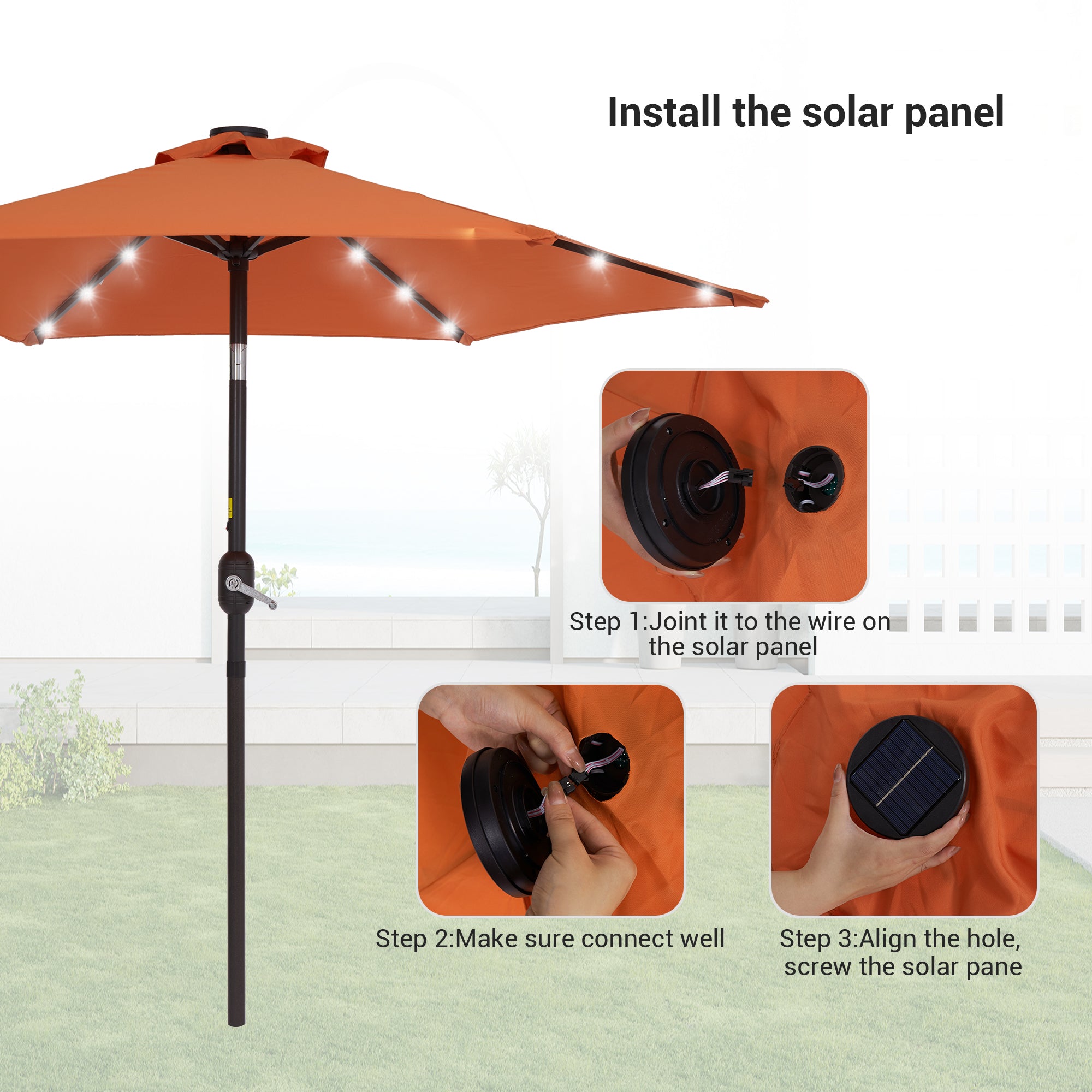 Sonerlic 7.5ft LED Patio Outdoor Shade Table Umbrella with Steel Frame for Yard, Garden, Park,Poolside and Deck,orange