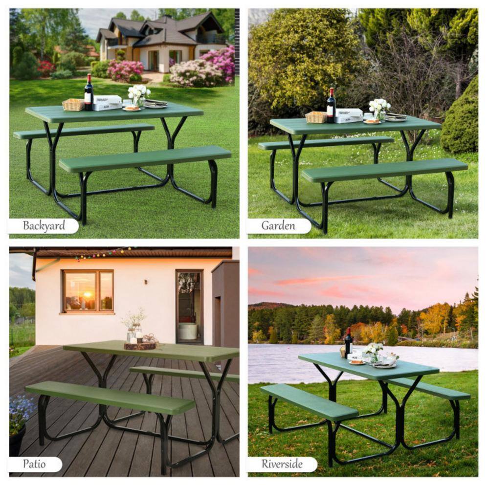 Afoxsos Green Outdoor Picnic Table Bench Set with Metal Base Wood HDDB1133