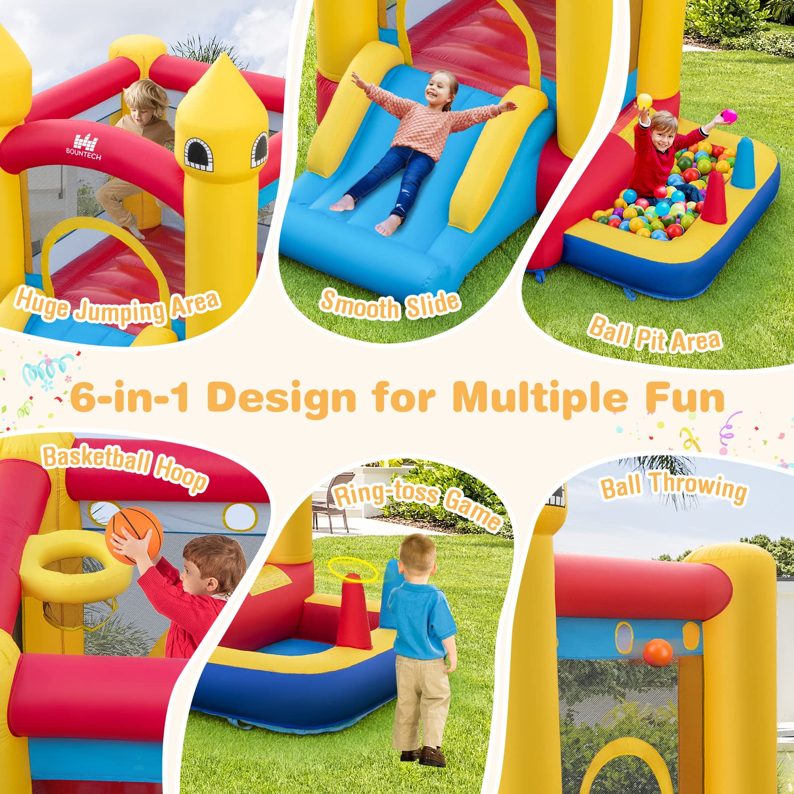 BOUNTECH Inflatable Bounce House, Bouncy House for Toddler Kids 5-12 Backyard Party Fun w/480W Blower, Basketball Hoop