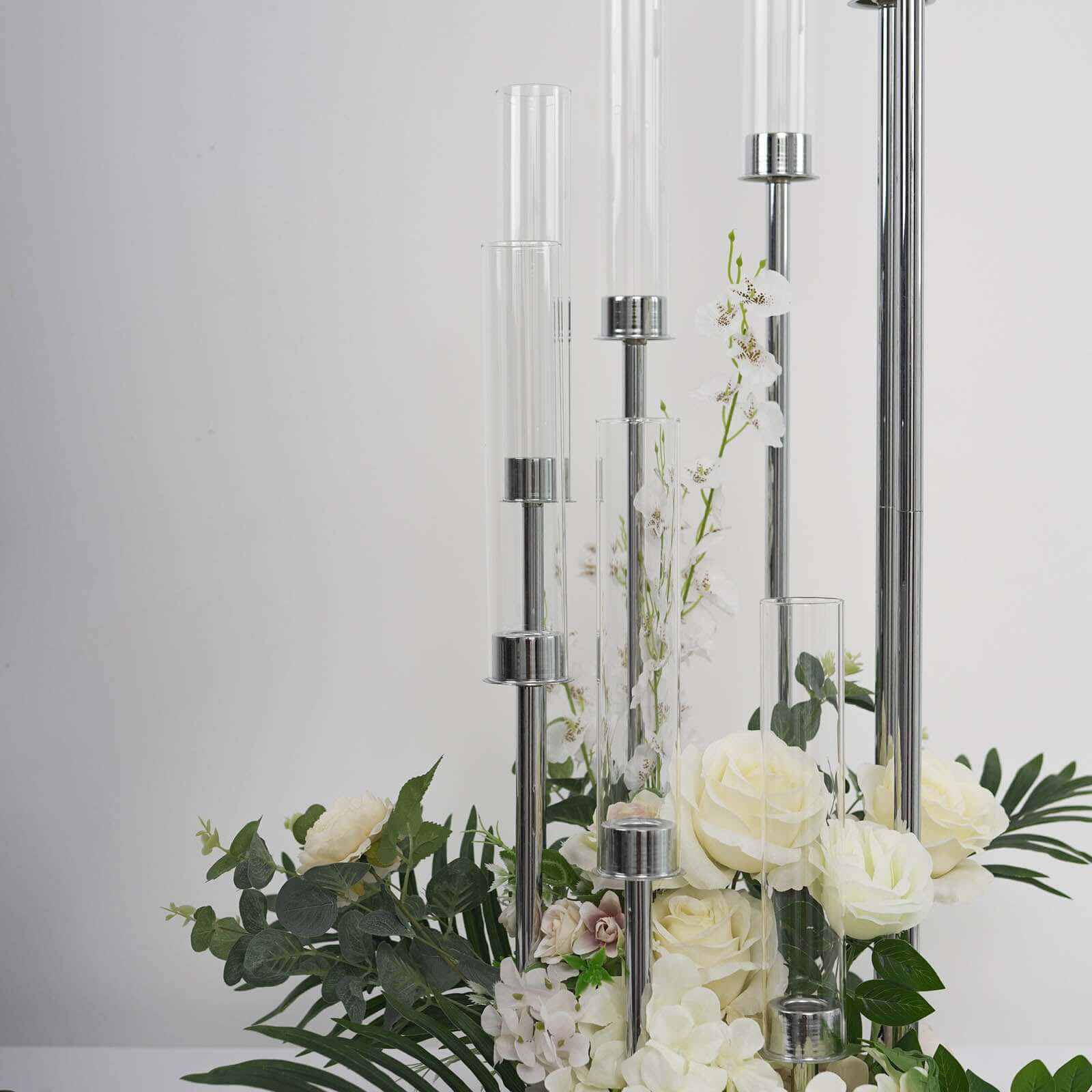 Silver 8 Arm Cluster Taper Candle Holder With Clear Glass Shades, Large Candle Arrangement 42