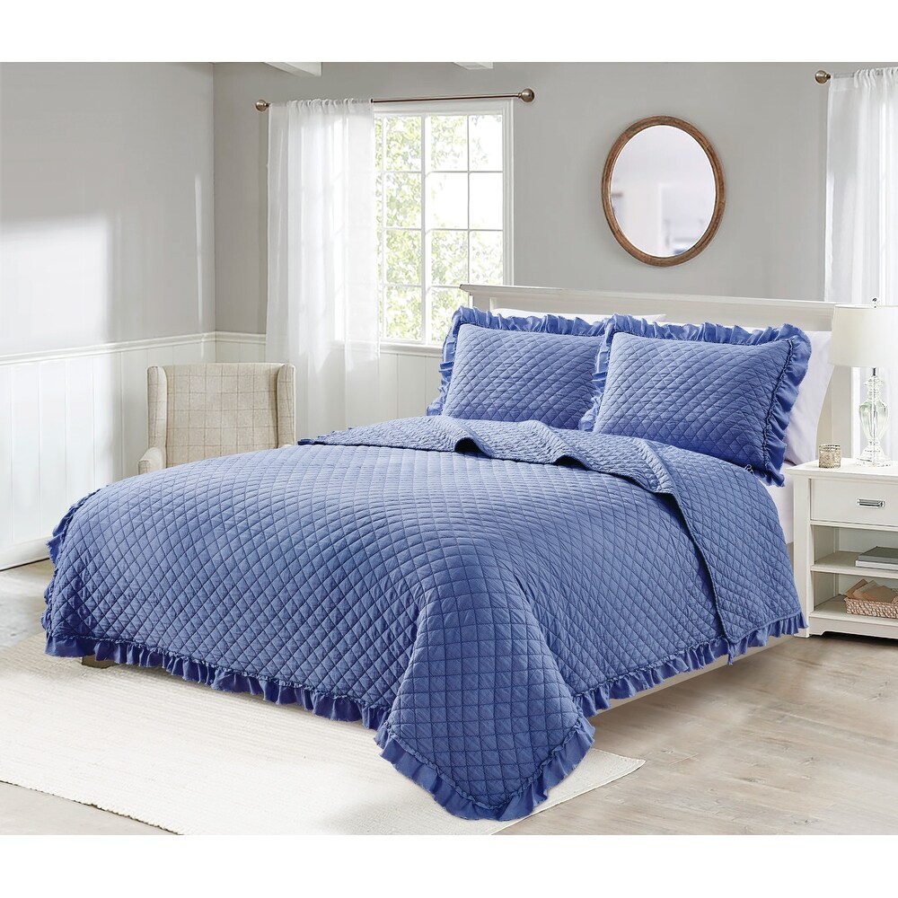 Stonewashed Super Soft Diamond Stitched with Ruffle Border Embroidered Quilt Set Blue