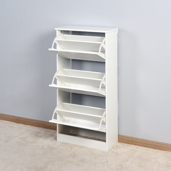 Wooden Shoe Cabinet，White Shoe Storage Cabinet with 3 Flip Doors - - 35256190