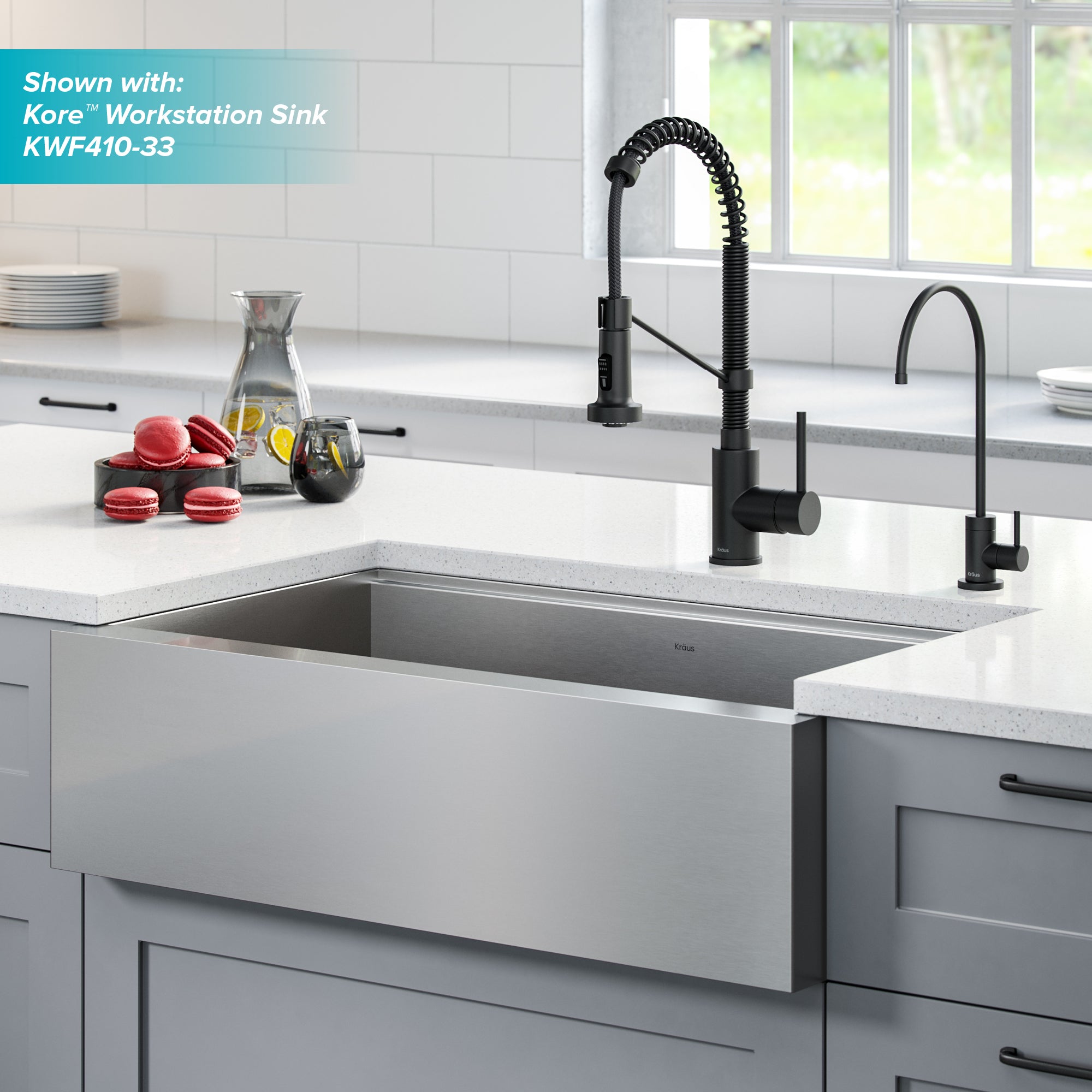 KRAUS Bolden Commercial Style Pull-Down Kitchen Faucet and Purita Water Filter Faucet Combo in Matte Black