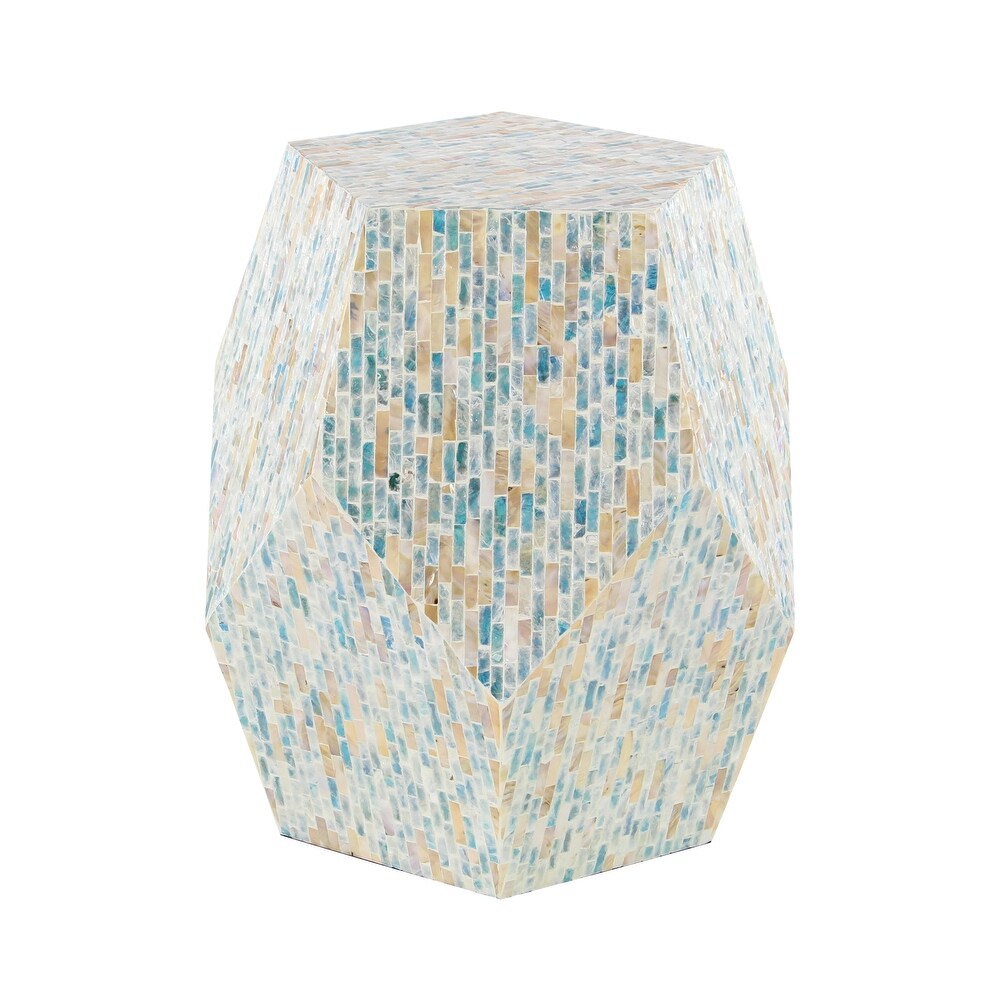 Cream or Blue Multi Color Shell Coastal Contemporary Accent Side Table   16 x 16 x 19