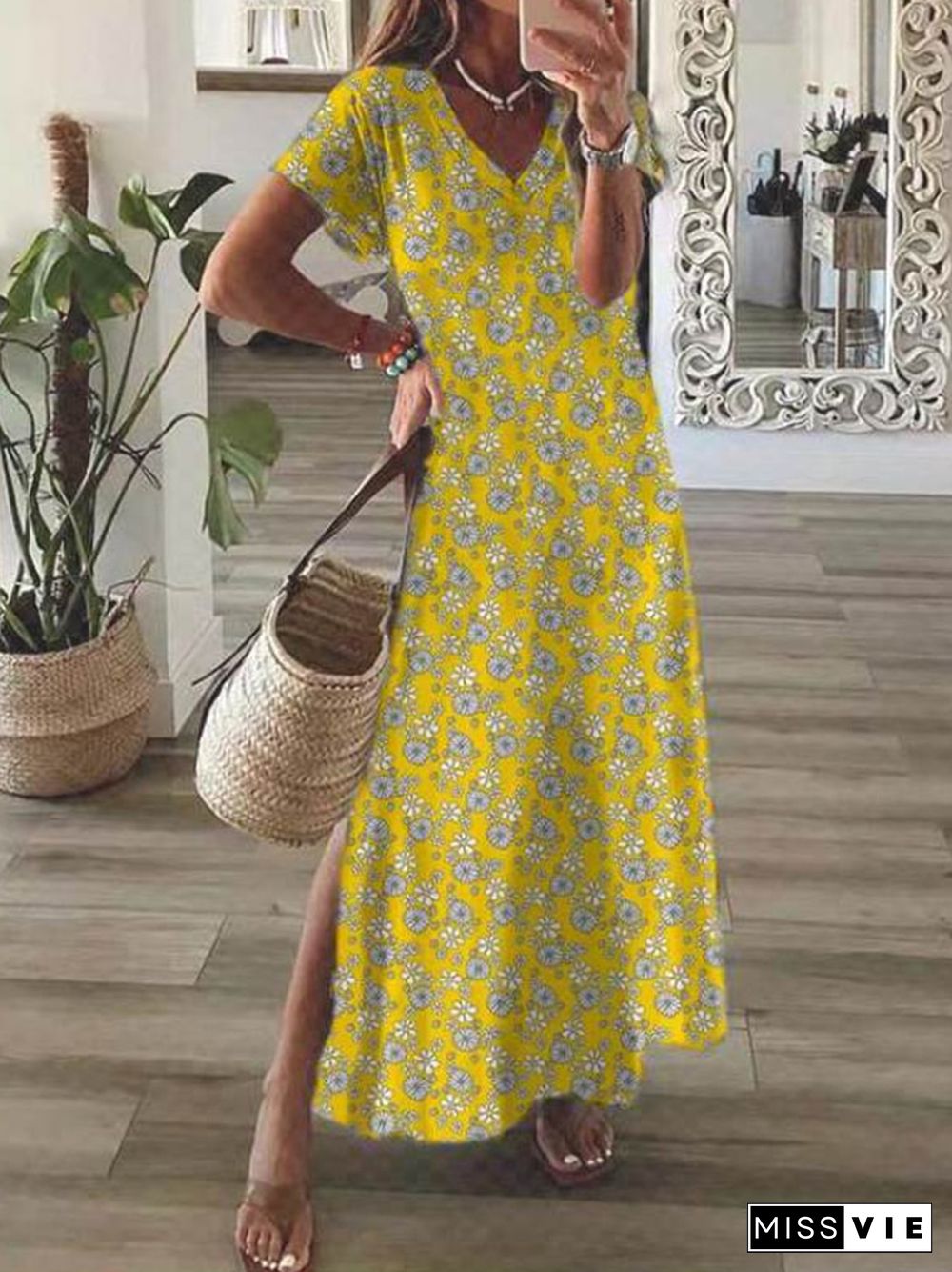 Summer Pattern Print Boho Slit Beach Dress New Casual Harajuku Short Sleeve Long Dress Elegant V-Neck Simple A-Line Party Dress