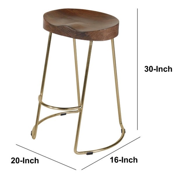 Farmhouse Counter Height Barstool with Wooden Saddle Seat and Tubular Frame， Large