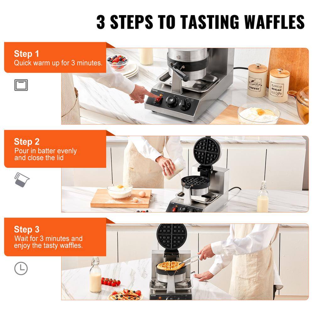 VEVOR Round Waffle Iron Non-Stick Stainless Steel Rotatable Waffle Cone 1300-Watt Commercial Waffle Maker YXHFBJHFBFGZ46VD6V1