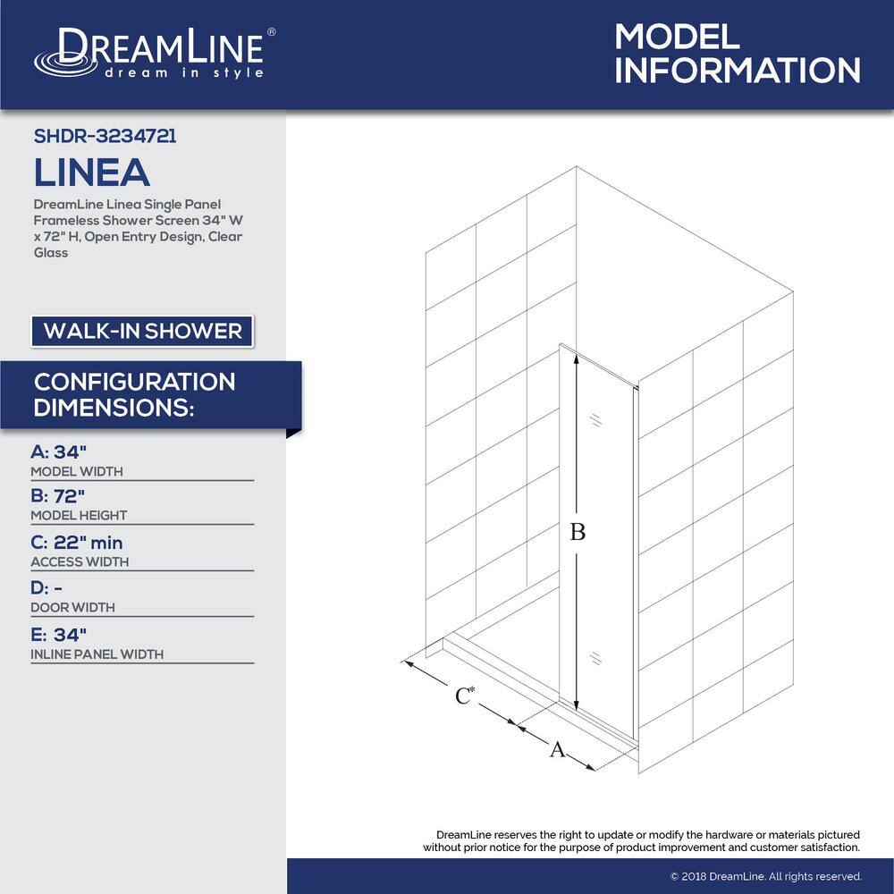 DreamLine Linea 34 in. x 72 in. Semi-Frameless Fixed Shower Screen in Brushed Nickel without Handle SHDR-3234721-04