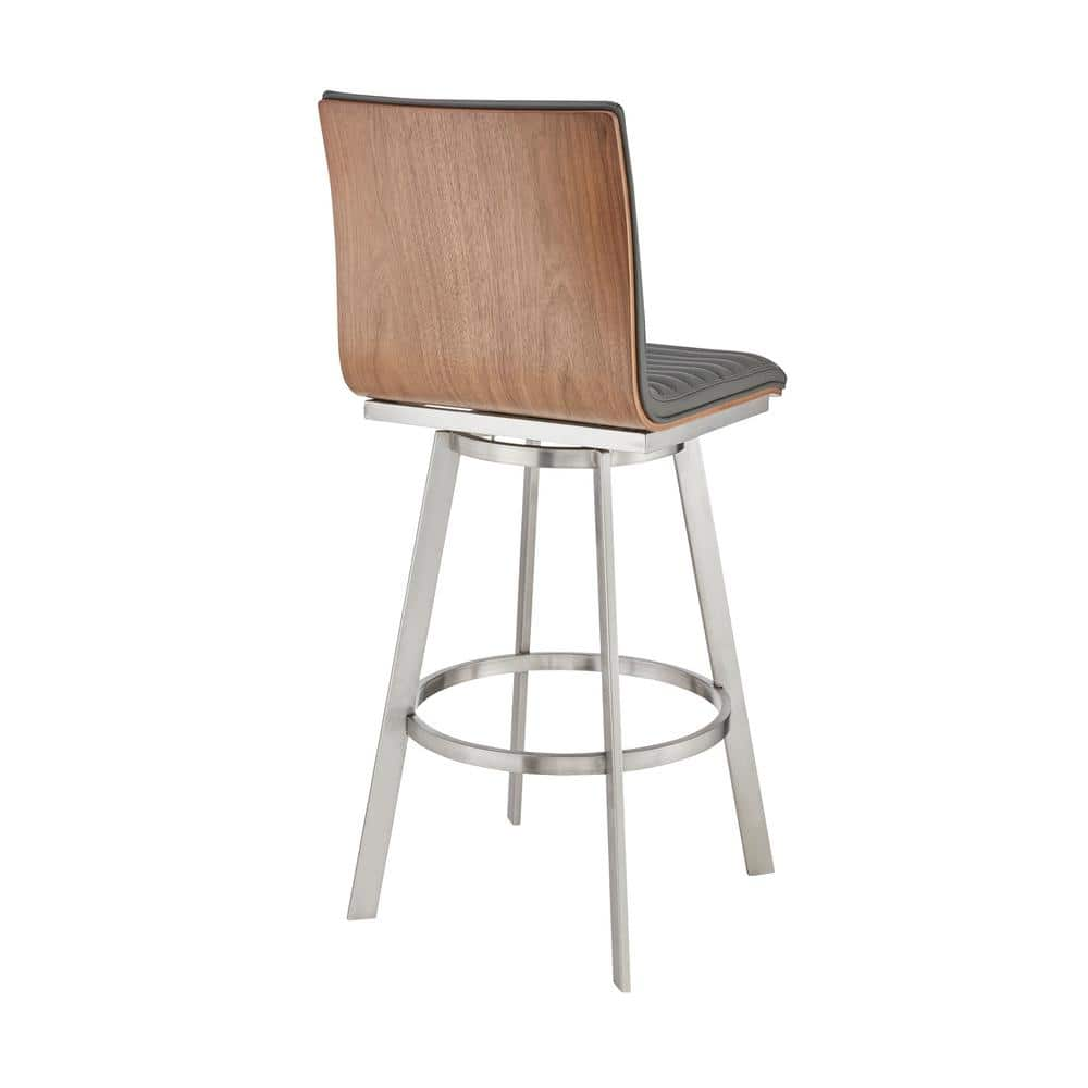 Armen Living Jermaine 30 in. Bar Height High Back Swivel Bar Stool in Brushed Stainless Steel and Grey Faux Leather 721535762057