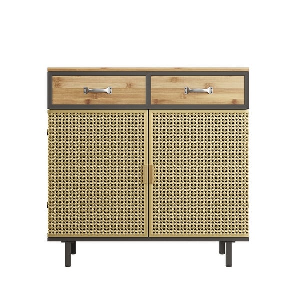 2 Drawer Wood Accent Storage Cabinet with Iron Grid Doors