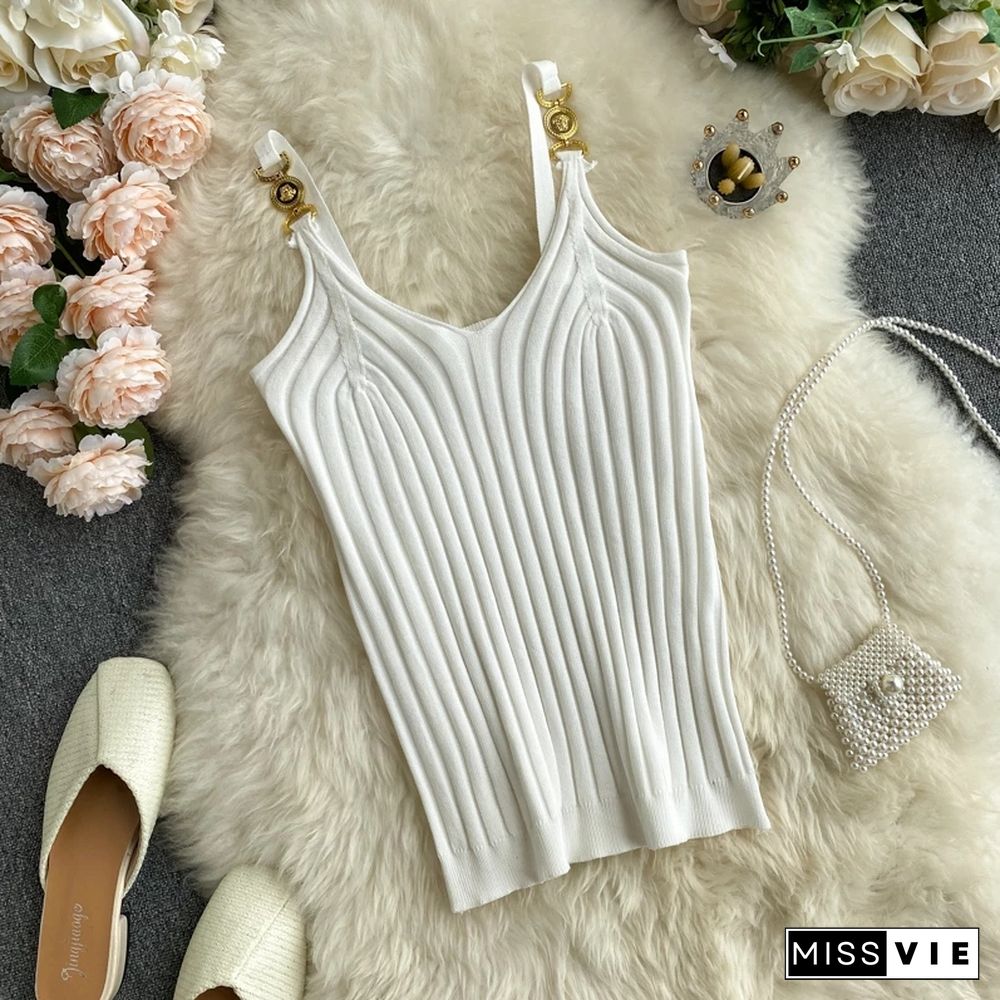 V-neck Halter Sexy Camisole Top Summer Women Sexy Off-Shoulder Solid Color Sleeveless Camis Women's Clothing Tanks Tops