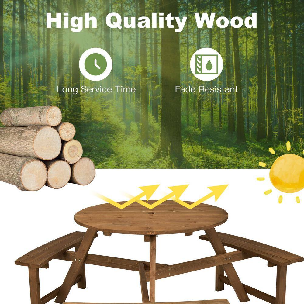 ANGELES HOME Round Wood Frame Outdoor Bench Set Picnic Table with Umbrella Hole M10-8NP434TN